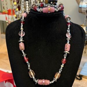 Handcrafted Murano glass beaded necklace and bracelet set silver tone